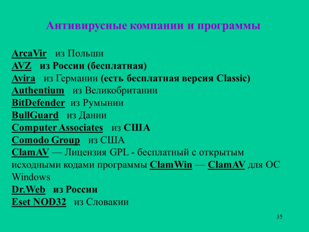 35 Антивирусные компании и программы ArcaVir из Польши AVZ из России (бесплатная) Avira из